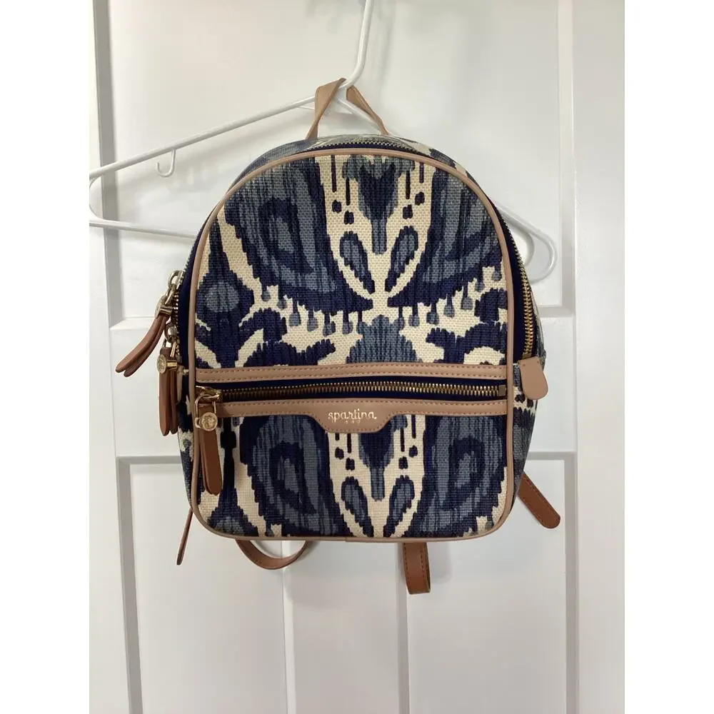 Spartina‎ 449 Chloe Backpack Daufuskie Island Natural Linen Leather Bag Blue
